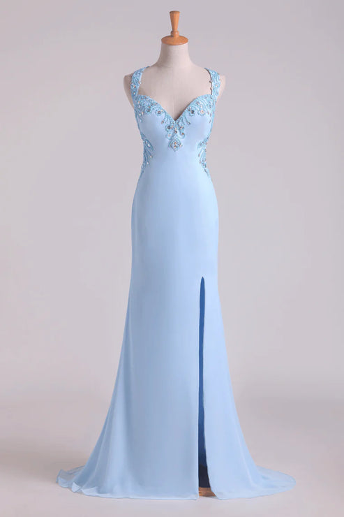 Luolandi A Line Halter Beaded Bodice Open Back Party Dresses Chiffon With Slit Sexy Evening Dress